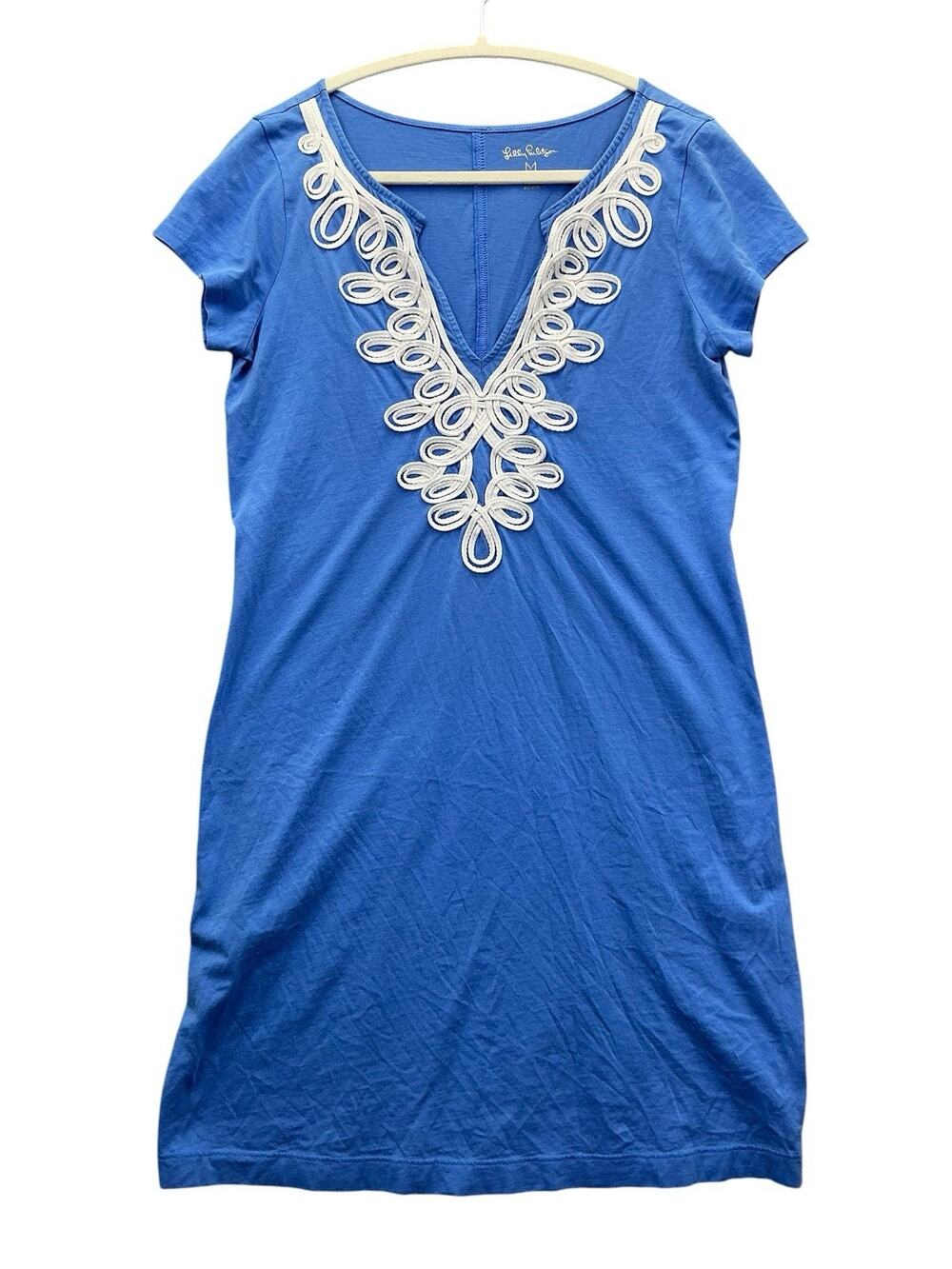 Lilly Pulitzer Blue Knit Shift Dress White Embroidered V-Neck Cap Sleeve size M